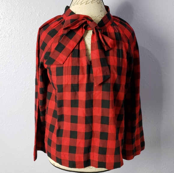 Madewell Tops - Madewell Pop over Buffalo Plaid Tie Front Keyhole